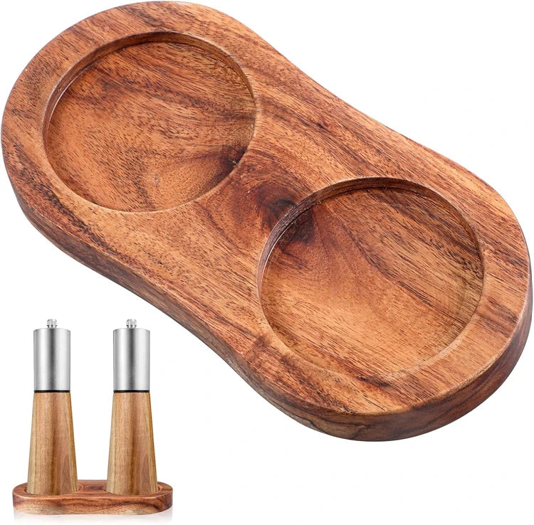 Acacia Wood Salt & Pepper Mill Tray – Grinder Stand & Holder – Best for Protecting Worktops & Dining Tables