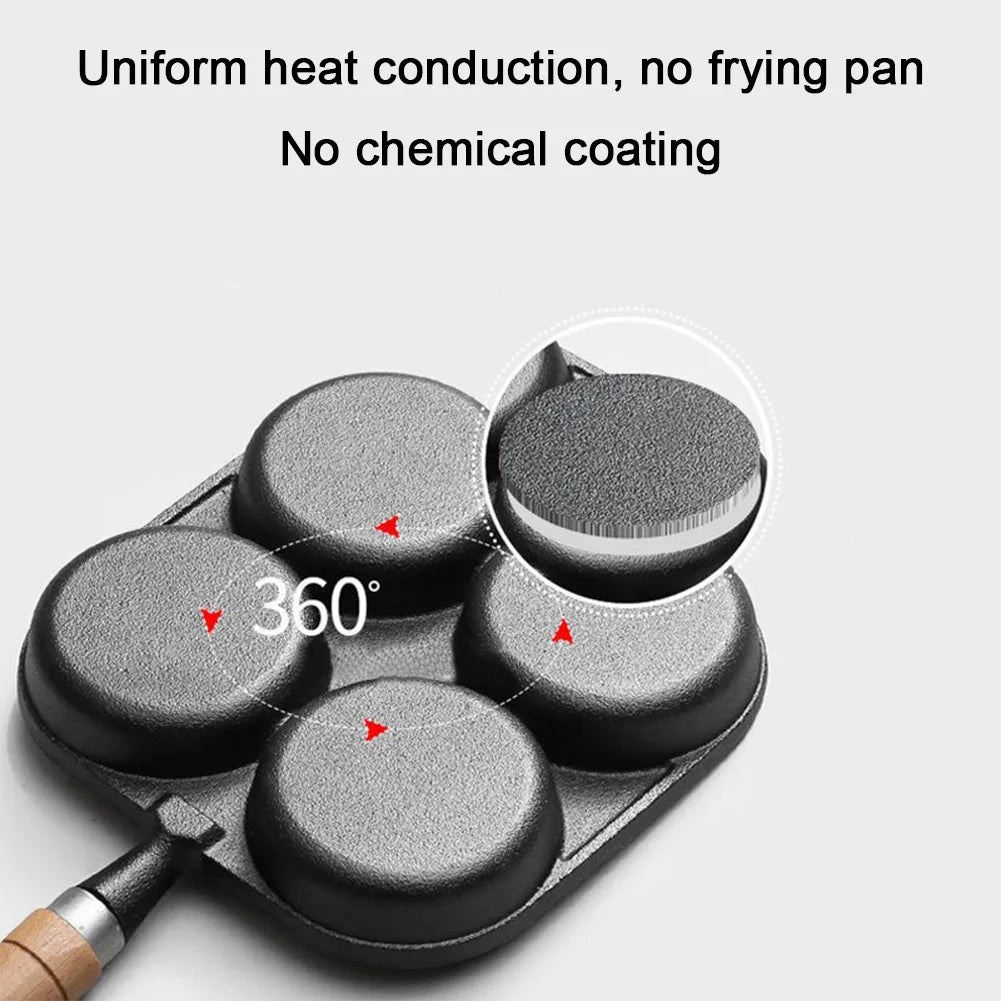 Pre-Seasoned 4-Hole Cast Iron Frying Pan – Non-Stick Breakfast Skillet with Wooden Handle for Eggs, Pancakes, Burgers & More (Gas & Induction Compatible)