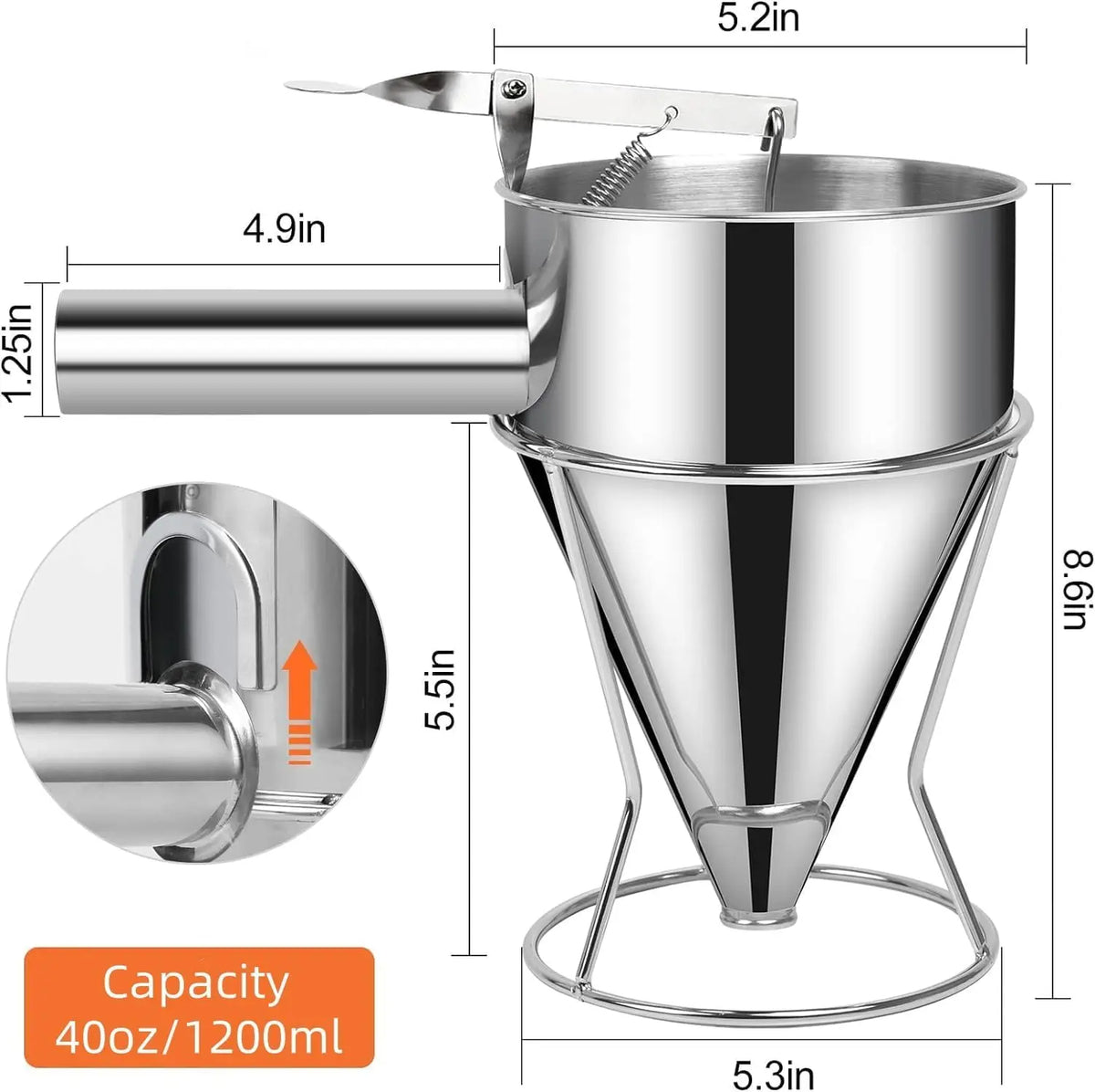 Stainless Steel Pancake Batter Dispenser with Stand – 4 Nozzle Multi-Size Funnel for Cakes, Muffins & Pastries – Best for Mess-Free Baking