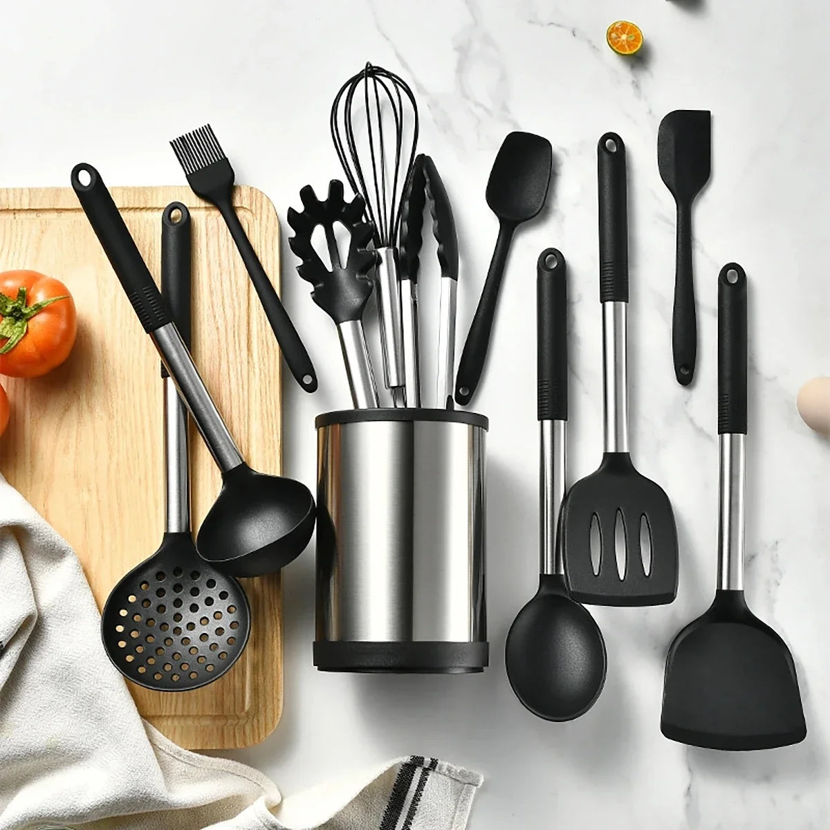 Food-Grade 12-Piece Silicone & Stainless Steel Kitchen Utensils Set with 360° Rotating Storage Holder– Heat-Resistant Cooking & Baking Utensils