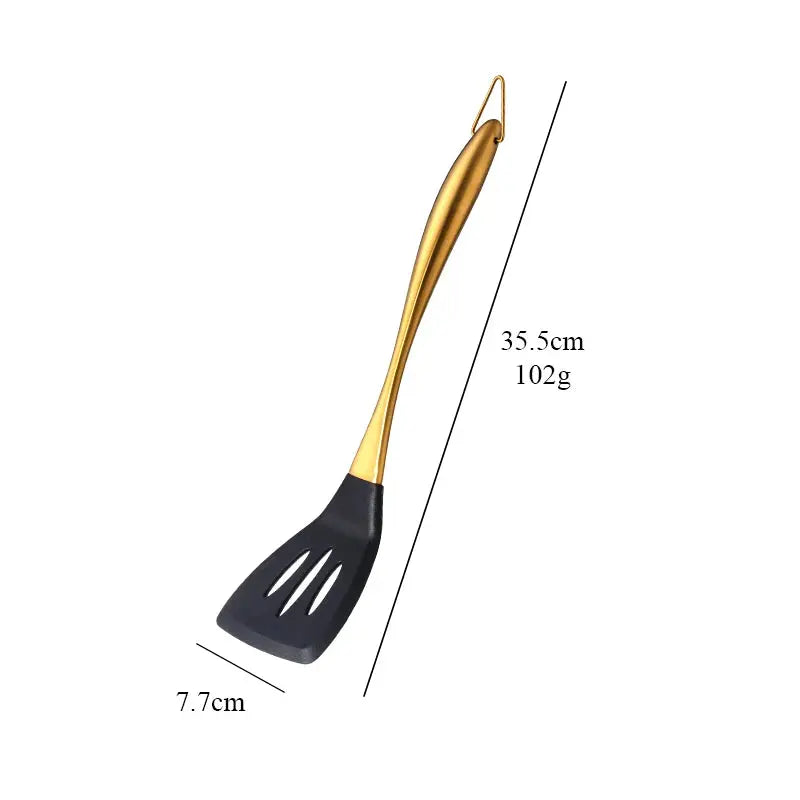 7-Piece Silicone Utensil Set with Golden Stainless Steel Handles - Cooking Utensil Set