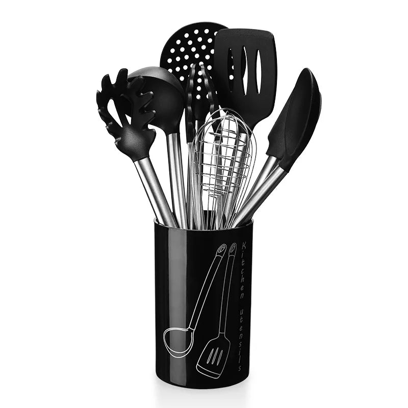 9-Piece Silicone Kitchen Utensils Set with Kitchen Utensils Storage Holder – Non-Scratch, Heat Resistant &amp; Dishwasher Safe