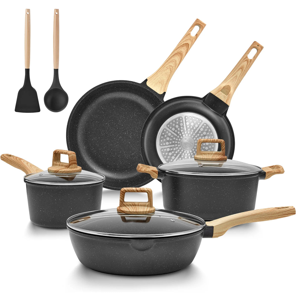10 Piece Granite Non-Stick Pots & Pans Set – PFAS-Free Induction Cookware with Frying Pans, Sauté Pan, Saucepan & Cooking Pot – Perfect for Everyday Family Cooking Black 10 piece