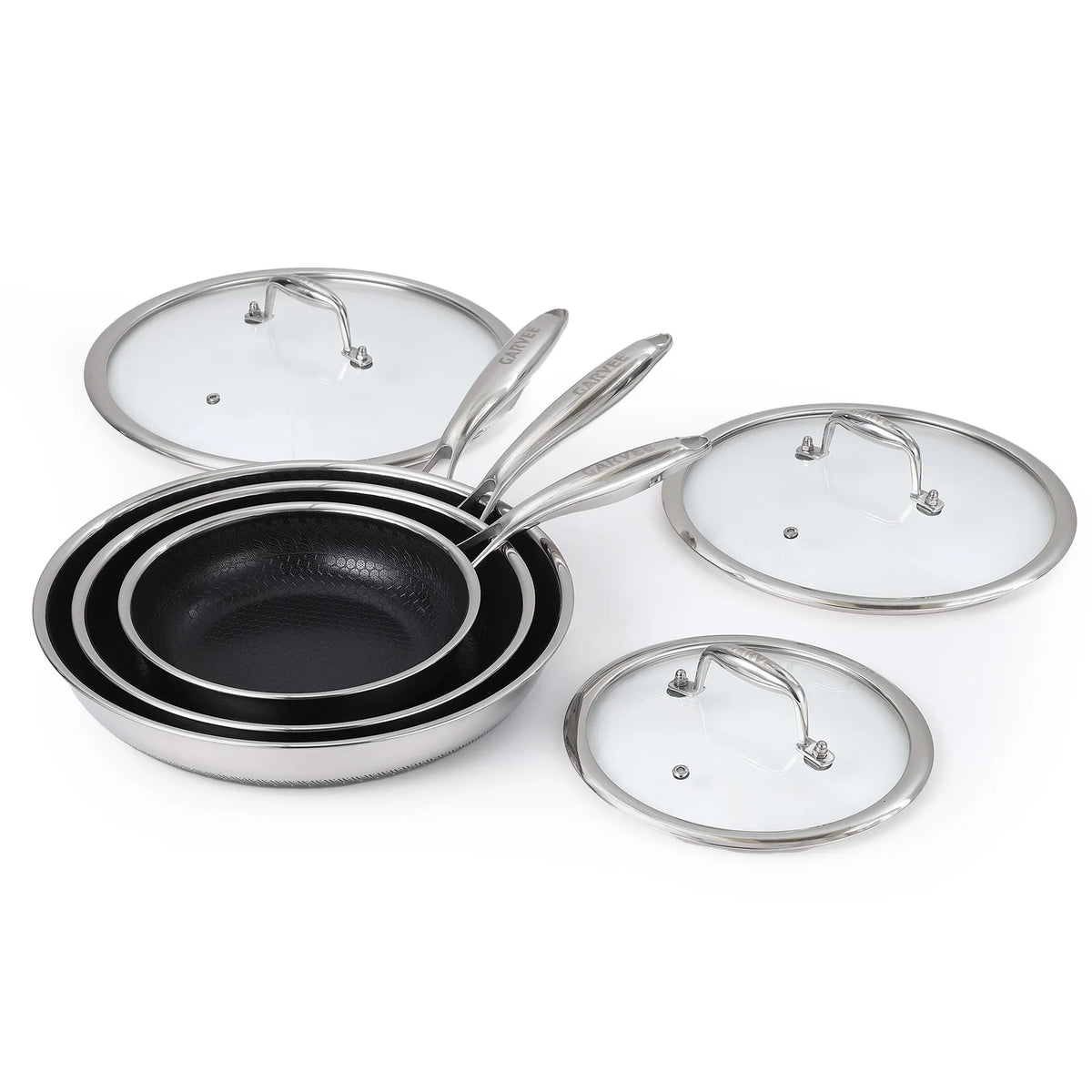 Honeycomb Tri-Ply Stainless Steel Non-Stick Frying Pan Set with Lids – 6 Piece Stackable Skillets 20cm, 25cm & 30cm – Great for Induction, Oven & Everyday Frying