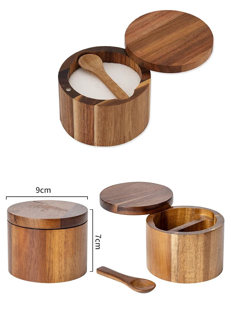 Acacia Wood Salt Box with Swivel Lid & Spoon – Salt & Pepper Cellar Seasoning Container – Great for Keeping Salt & Spices by the Hob