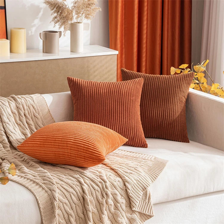 2 Piece Corduroy Striped Throw Pillow Cases 45x45cm – Soft Plush Decorative Cushion Covers – Great for Sofas, Beds & Living Rooms