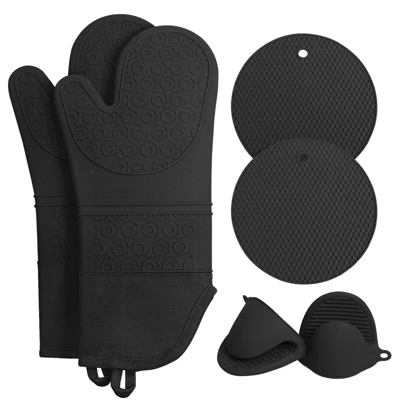 6 Piece Extra Long Silicone Oven Mitts & Pot Holders Set – Heat Resistant Cooking Gloves & Hot Pads – Perfect for Baking, Cooking & BBQ