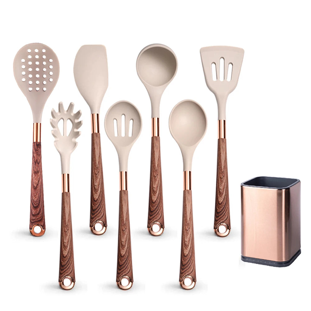 Silicone Cooking Utensils Set with Gold-Plated Handles – Non-Stick Safe, Heat Resistant | Black & Beige | Available in 5, 7, 10 & 12-Piece Sets