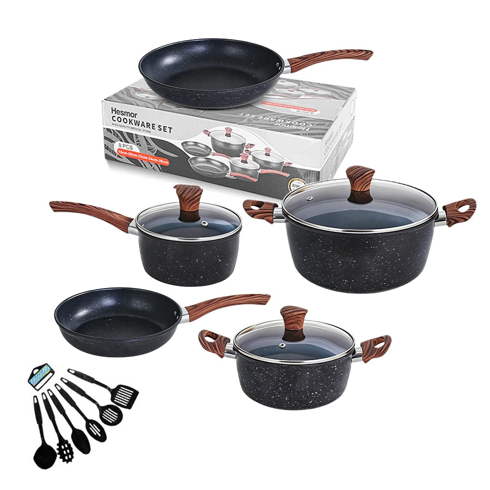 14 Piece Non-Stick Pots & Pans Set with Silicone Utensils – Maifan Stone Wok, Soup Pot & Frying Pan – Ideal for Home & Family Cooking