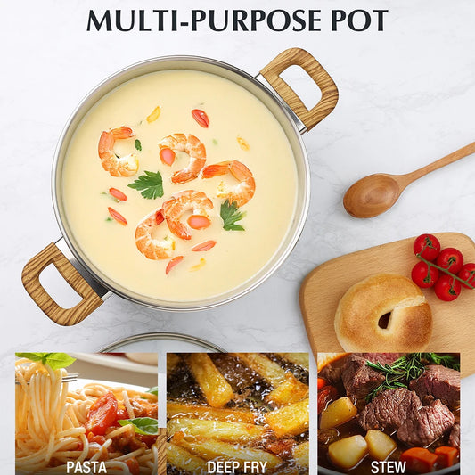 304 Stainless Steel Stock Pot with Lid & Wood-Touch Dual Handles – 8QT Multipurpose Satin Polish Finish Cooking Pot – Ideal for Soups, Stocks, Stews, Curries, Boiling Pasta, Simmering, Sautéing & One-Pot Meals  Compatible Gas, Induction & Electric Stoves