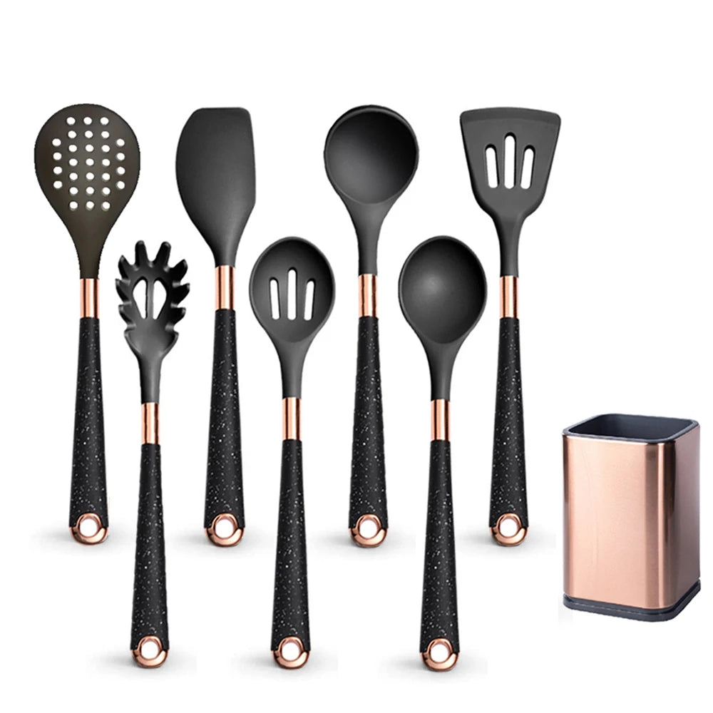Silicone Cooking Utensils Set with Gold-Plated Handles – Non-Stick Safe, Heat Resistant | Black & Beige | Available in 5, 7, 10 & 12-Piece Sets