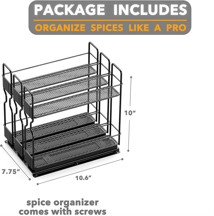 Pull Out Spice Rack Organiser for Cabinets – Slide Out Metal Seasoning Organiser – Perfect for Deep Kitchen Cupboards