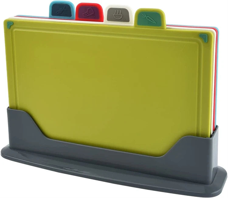 4 Piece Colour-Coded Plastic Chopping Board Set with Storage Stand – Thick Slip-Resistant Cutting Boards – Great for Meat, Fish, Vegetables & Fruit