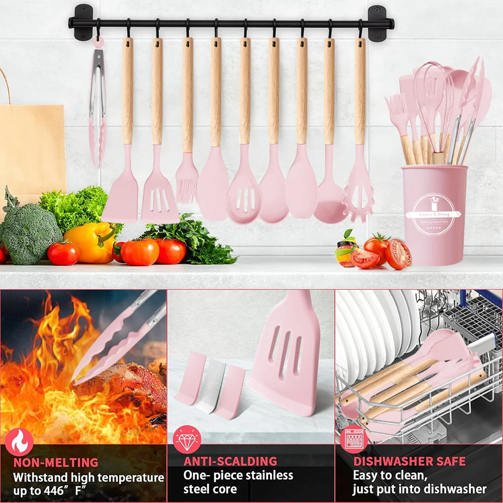 Pink Silicone Kitchen Utensil Set with Wooden Handles – 12 Piece Non-Stick Spatulas, Turner & Whisk – Ideal for Non-Stick Cookware & Baking