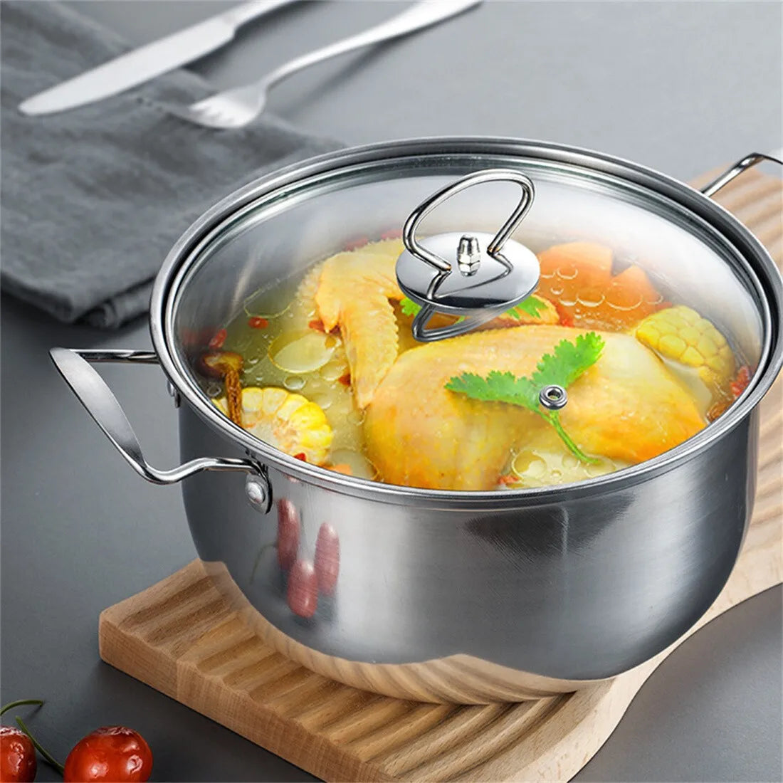 5 Piece Stainless Steel Cooking Pot Set with Sealed Glass Lids – Induction Pots 16cm to 24cm with Measuring Scale – Ideal for Everyday & Family Cooking