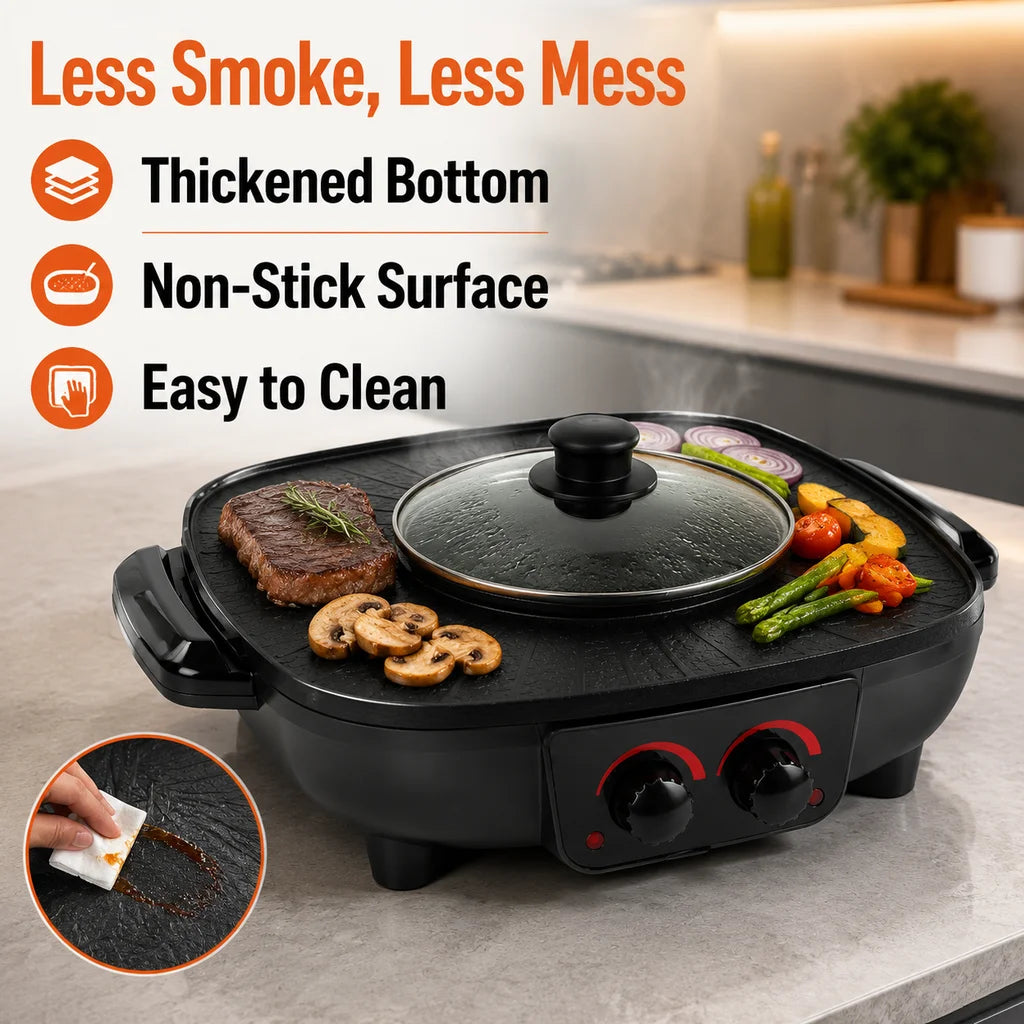 2-in-1 Electric Hot Pot & BBQ Grill – 1360W Smokeless Non-Stick Grill Pan with Dual Temperature Control – Perfect for Hot Pot Nights & Indoor Parties