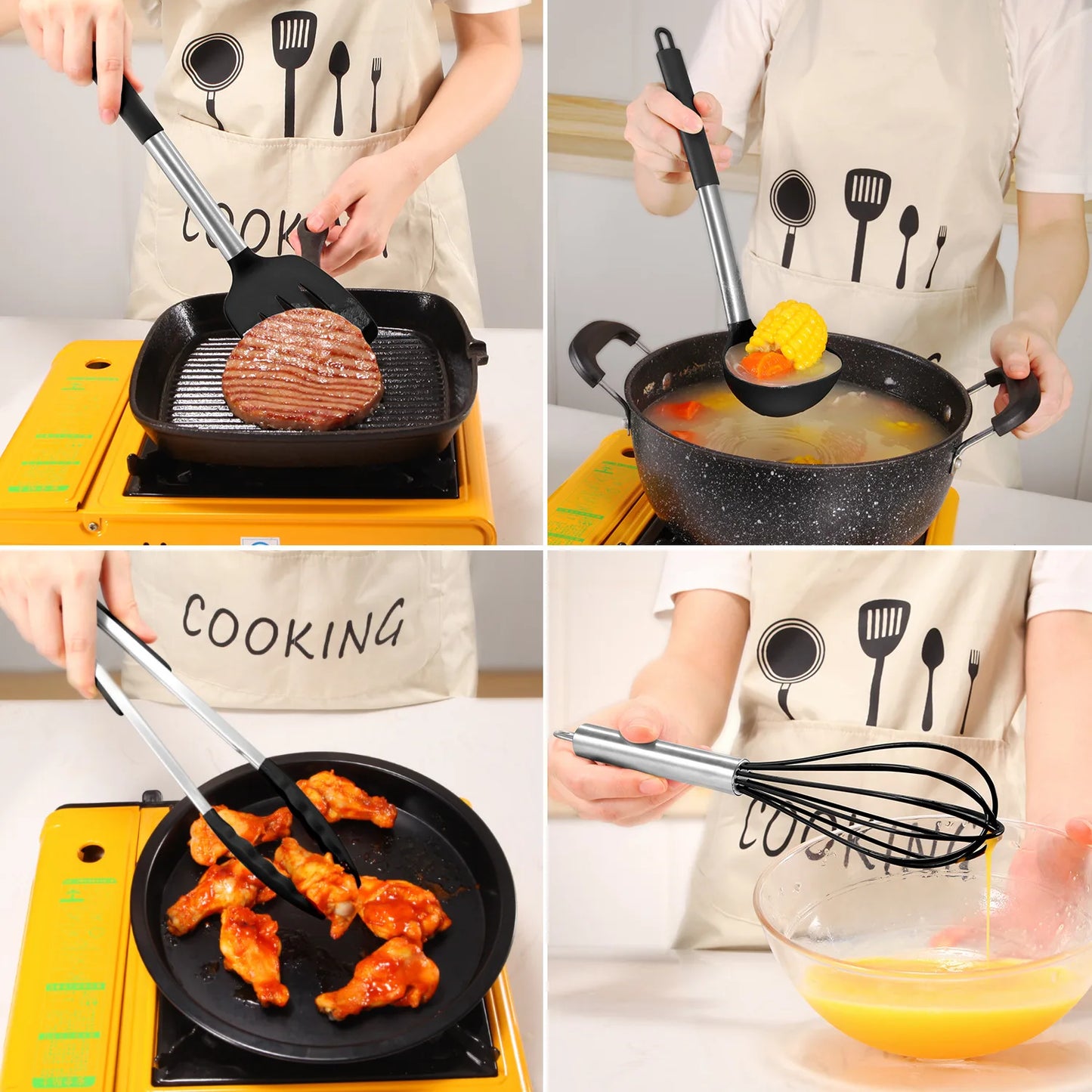 Silicone Kitchen Utensils Set with Stainless Steel Handles – Non-Stick, Heat-Resistant Cooking  Kitchen Utensils for Everyday Cooking & Baking, Available in 4 Colours & Multiple Set Sizes