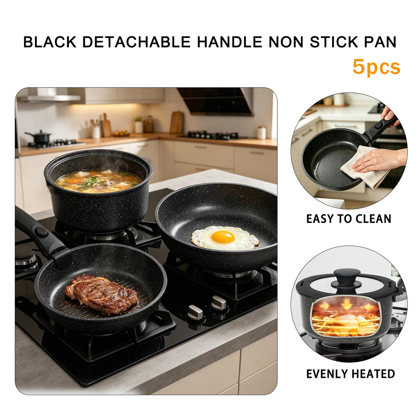 5-Piece Non-Stick Cookware Set with Detachable Handle – Aluminium Alloy, Stackable, Induction Compatible, Great for Everyday Cooking, Frying, and Sautéing