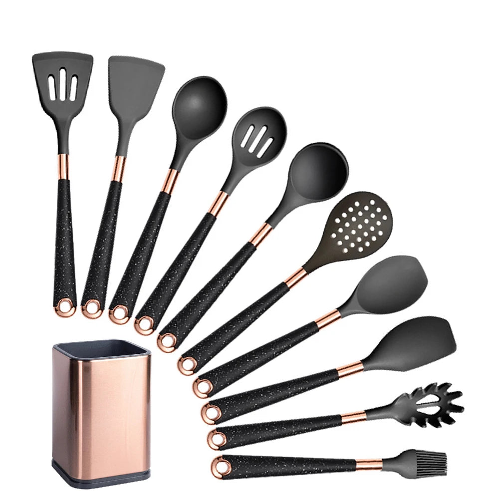 Silicone Cooking Utensils Set with Gold-Plated Handles – Non-Stick Safe, Heat Resistant | Black & Beige | Available in 5, 7, 10 & 12-Piece Sets