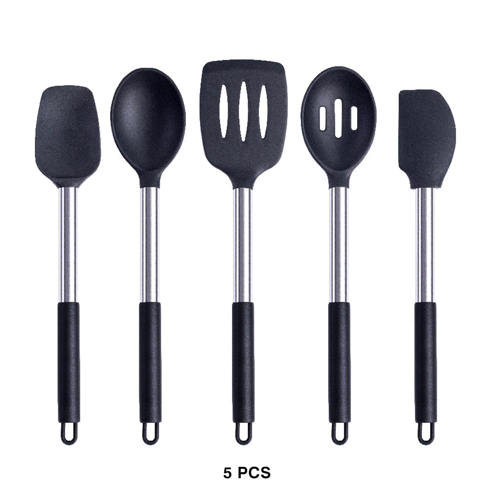 Silicone Kitchen Utensils Set with Stainless Steel Handles – Non-Stick Safe, Heat Resistant | Grey & Black | Available in 5 to 15-Piece Sets