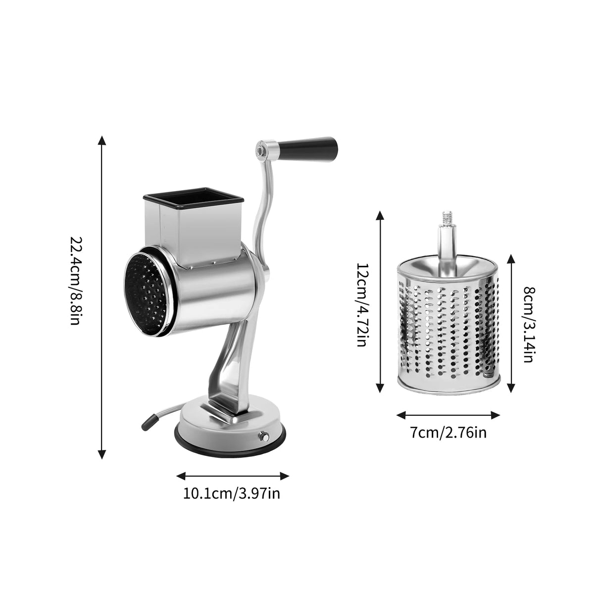 Stainless Steel Rotary Grater with 5 Drum Blades – Manual Cheese, Nut & Vegetable Shredder with Suction Base – Great for Salads & Toppings – Available in Silver, Silver & Silver Colours