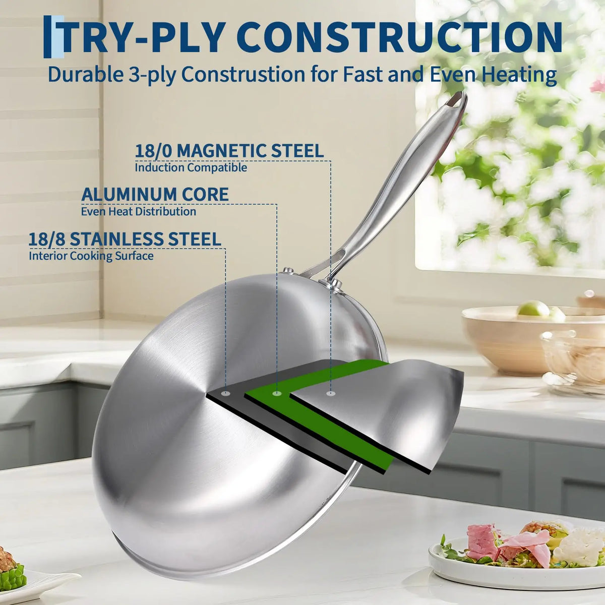 11 Piece Tri-Ply Stainless Steel Cookware Set with Steamer – Saucepans, Frying Pans & 6QT Stockpot with Glass Lids – Great for Induction, Oven & Dishwasher