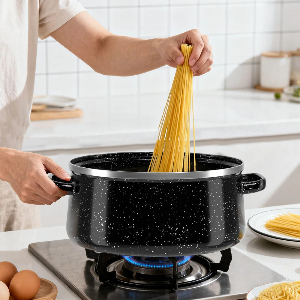 5 Piece Enamel Casserole Pot Set with Glass Lids – Stock Pots & Saucepans in 5 Sizes – Ideal for Stews, Soups & All Hobs