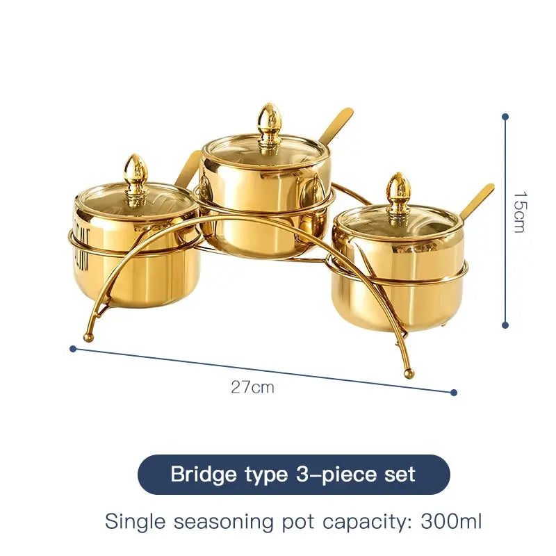 Luxury Golden 304 Stainless Steel Seasoning / Condiment Pot Set with Tempered Glass Lids, Matching Spoons & Storage Rack – Elegant Spice Containers with Food-Grade Coating – Ideal for Salt, Sugar, Spices & Condiments Bridge type 3