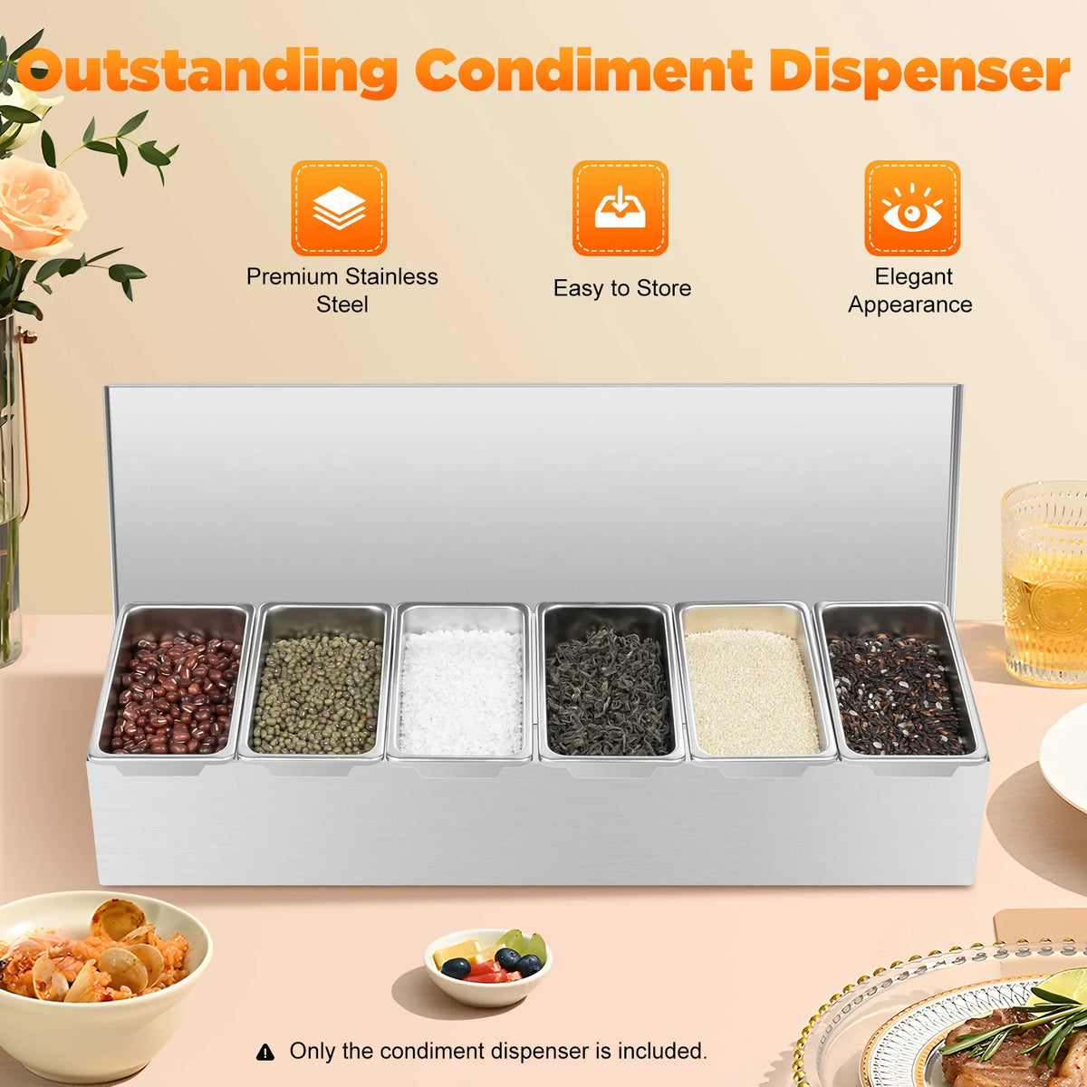 6 Compartment Stainless Steel Condiment Dispenser with Lids – Stackable Food-Grade Spice & Seasoning Organiser – Perfect for Kitchens, BBQs & Takeaways – Available in Silver, Silver & Silver Colours