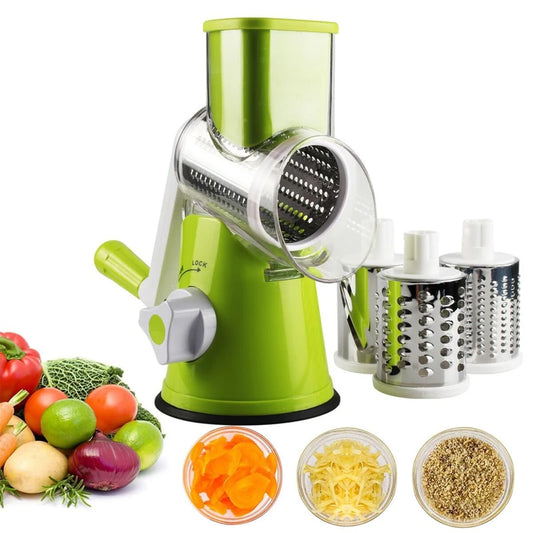 Manual Rotary Vegetable Slicer & Cheese Grater with 3 Stainless Steel Drums – Hand Crank Vegetable Chopper – Perfect for Potatoes, Carrots & Cucumbers – Available in Green & Blue Colours