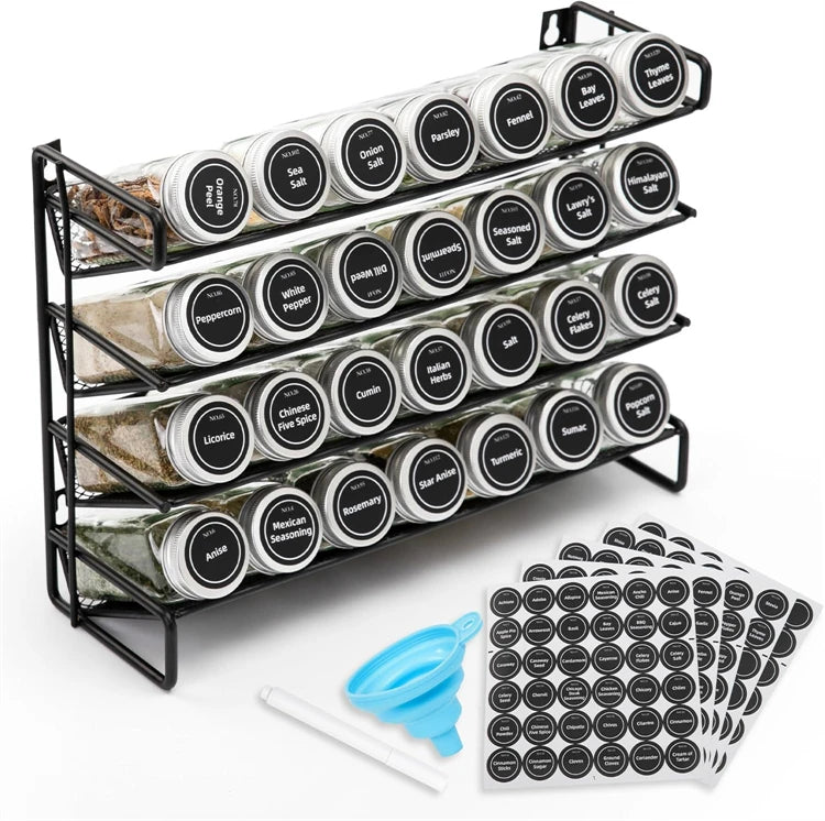 4 Tier Metal Spice Rack Organiser Set – Countertop & Cabinet Seasoning Organiser – Best for Spice Jars & Seasonings – Available as Rack Only or with Spice Jars