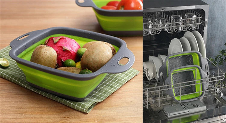 Square Collapsible Silicone Colander – Foldable Food, Fruit & Vegetable Strainer – Great for Draining Pasta & Saving Cupboard Space – Available in Green, Blue, Red & Orange Colours