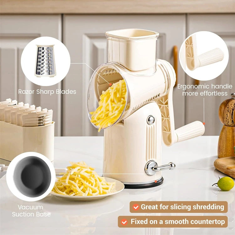 5-in-1 Rotary Cheese & Vegetable Grater with Handle & Suction Base – Multifunctional Manual Drum Grater (Available in Ivory and Light Green))
