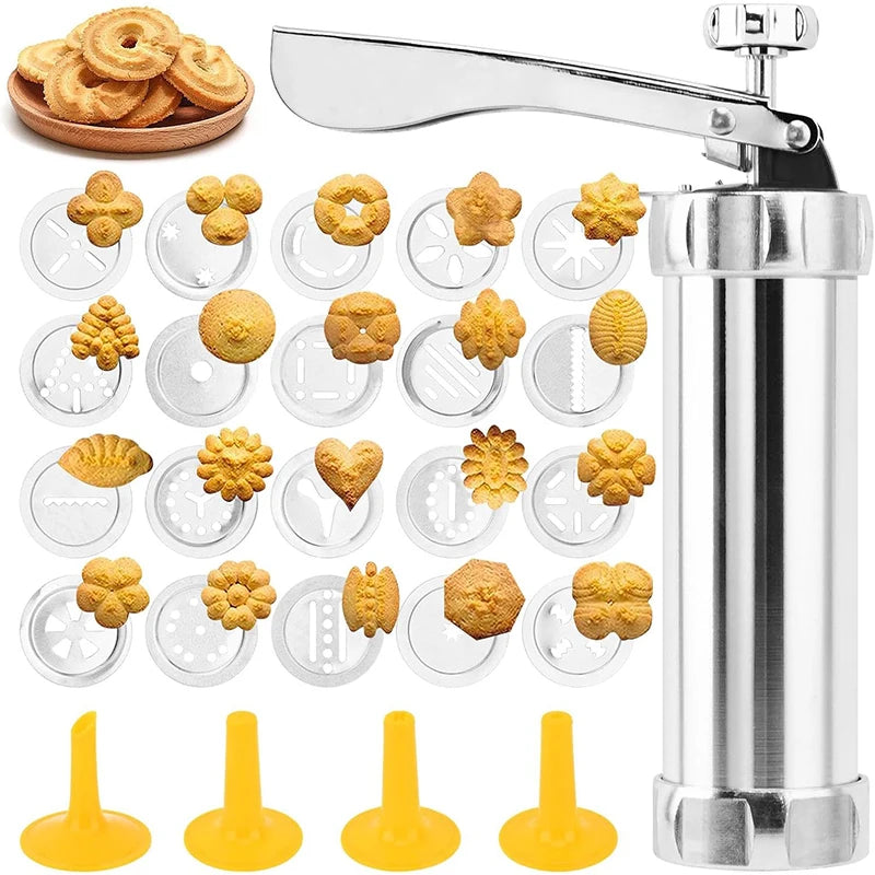 Stainless Steel Cookie Press Gun Kit – Biscuit Press with 20 Discs & 4 Icing Nozzles – Great for Homemade Biscuits & Decorating