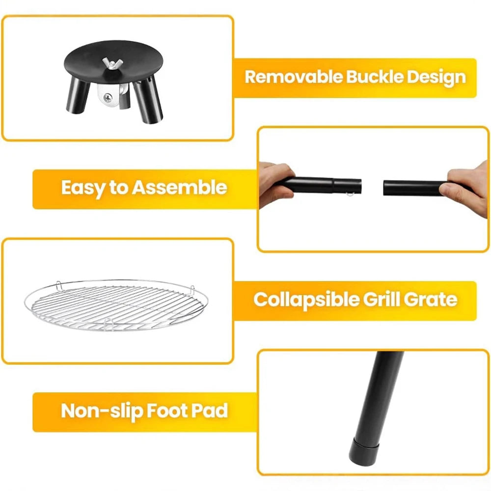 Campfire Tripod Grill with Barbecue Basin – Steel Camping Firepit Cooking Rack & Lantern Hanger – Best for Outdoor Cooking & Camping
