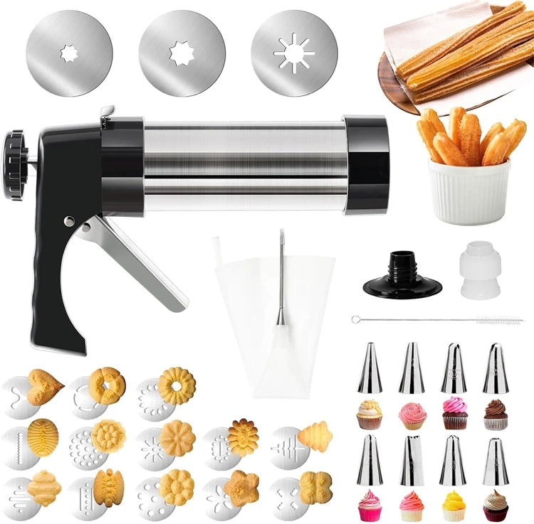 3-in-1 Stainless Steel Churro Maker & Cookie Press Kit – Spritz Biscuit Gun with Moulds – Great for Churros, Biscuits & Piped Desserts
