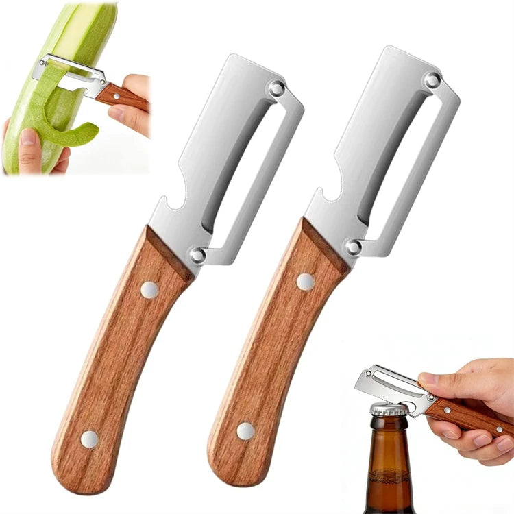 2 in 1 Stainless Steel Vegetable Peeler with Bottle Opener – Wooden Handle Potato, Carrot & Pumpkin Peeler – Great for Everyday Veg Prep
