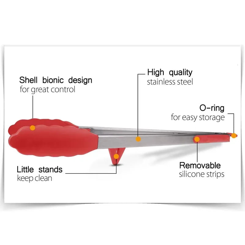 Heat Resistant Stainless Steel Cooking Tongs with Silicone Tips – Self-Standing Kitchen & BBQ Tongs – Perfect for Salads, Grilling & Serving – Available in Black & Red, 8 or 12 Inch