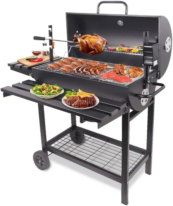 Charcoal BBQ Grill with Rotisserie & Wheels – Large Outdoor Barbecue Grill with Rotisserie Spit – Ideal for Garden Parties & Family BBQs