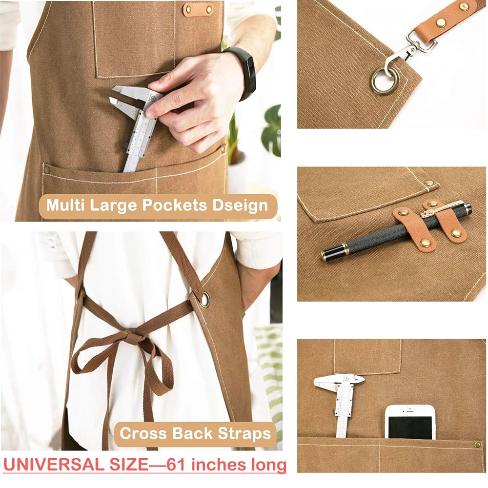 Canvas Chef Apron with Cross Back Straps – Cotton Kitchen Work Apron with Large Pockets – Best for Cooking, Baking & Grilling – Available in Dark Khaki, Blue, Black, White & Dark Grey Colours
