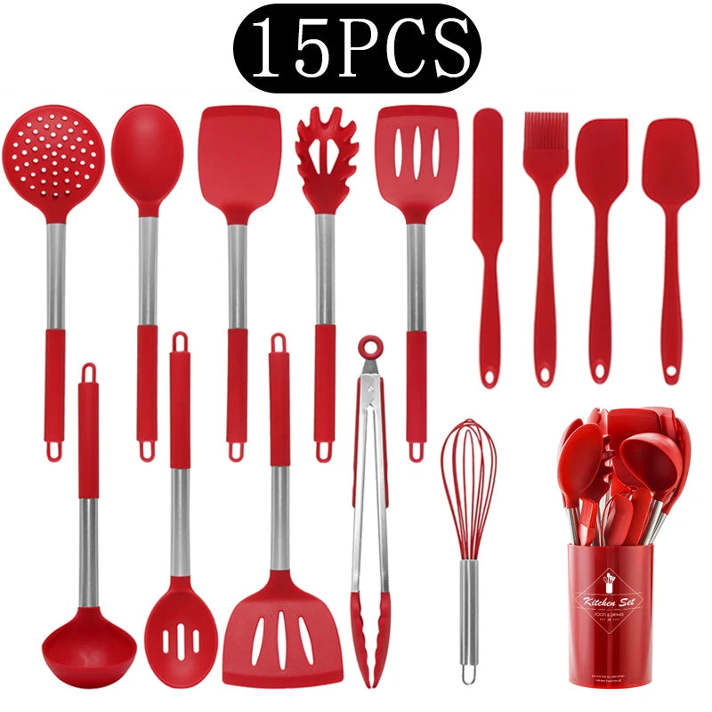Silicone Kitchen Utensils Set with Stainless Steel Handles – Non-Stick, Heat-Resistant Cooking  Kitchen Utensils for Everyday Cooking & Baking, Available in 4 Colours & Multiple Set Sizes