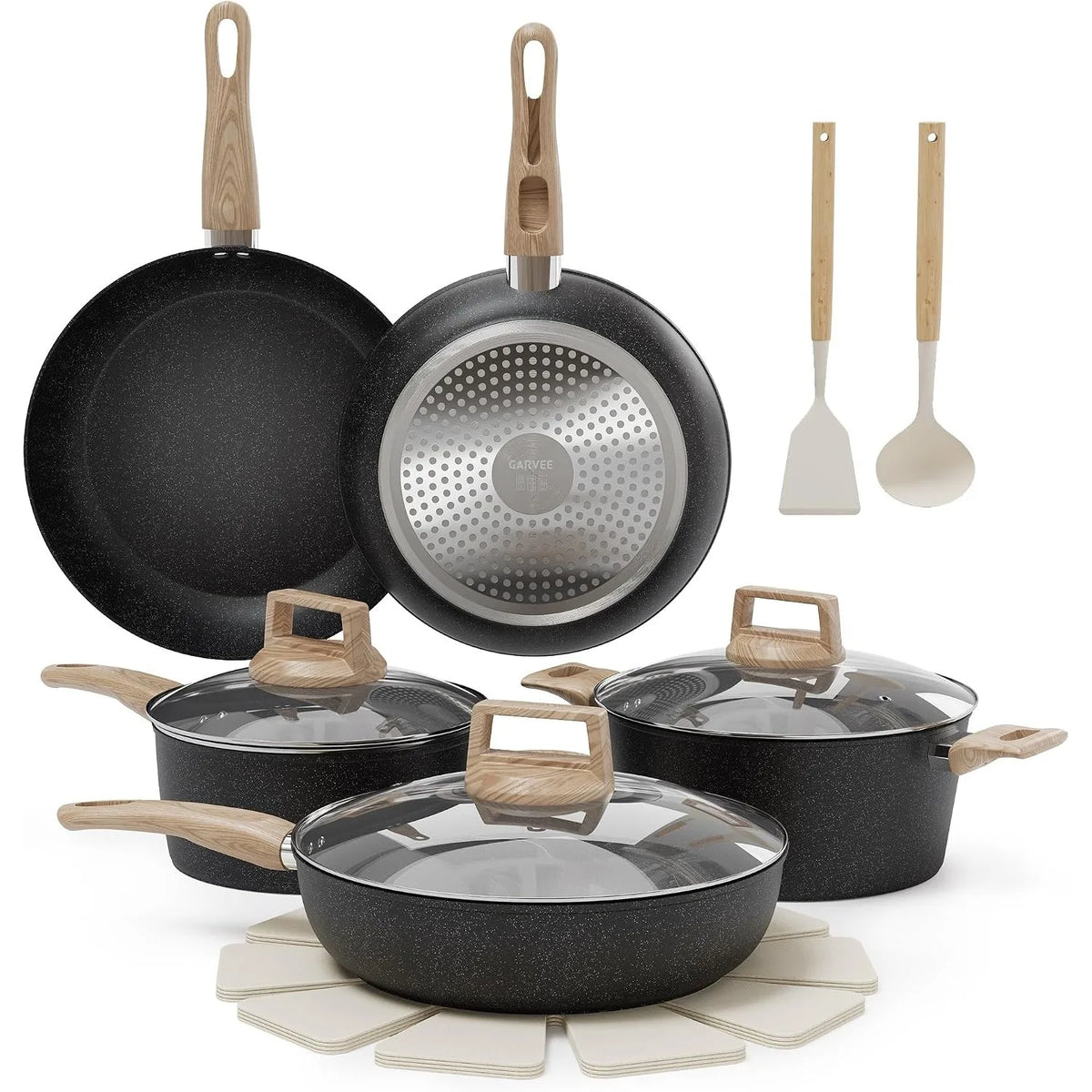 14 Piece Granite Ceramic Pots & Pans Set – PFAS-Free Non-Stick Cookware with Wood-Look Handles, Glass Lids & Pan Protectors – Best for New Homes & Couples – Available in Black & White