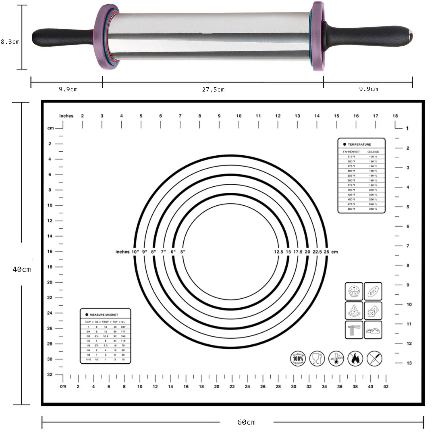 Stainless Steel Rolling Pin with Silicone Baking Mat