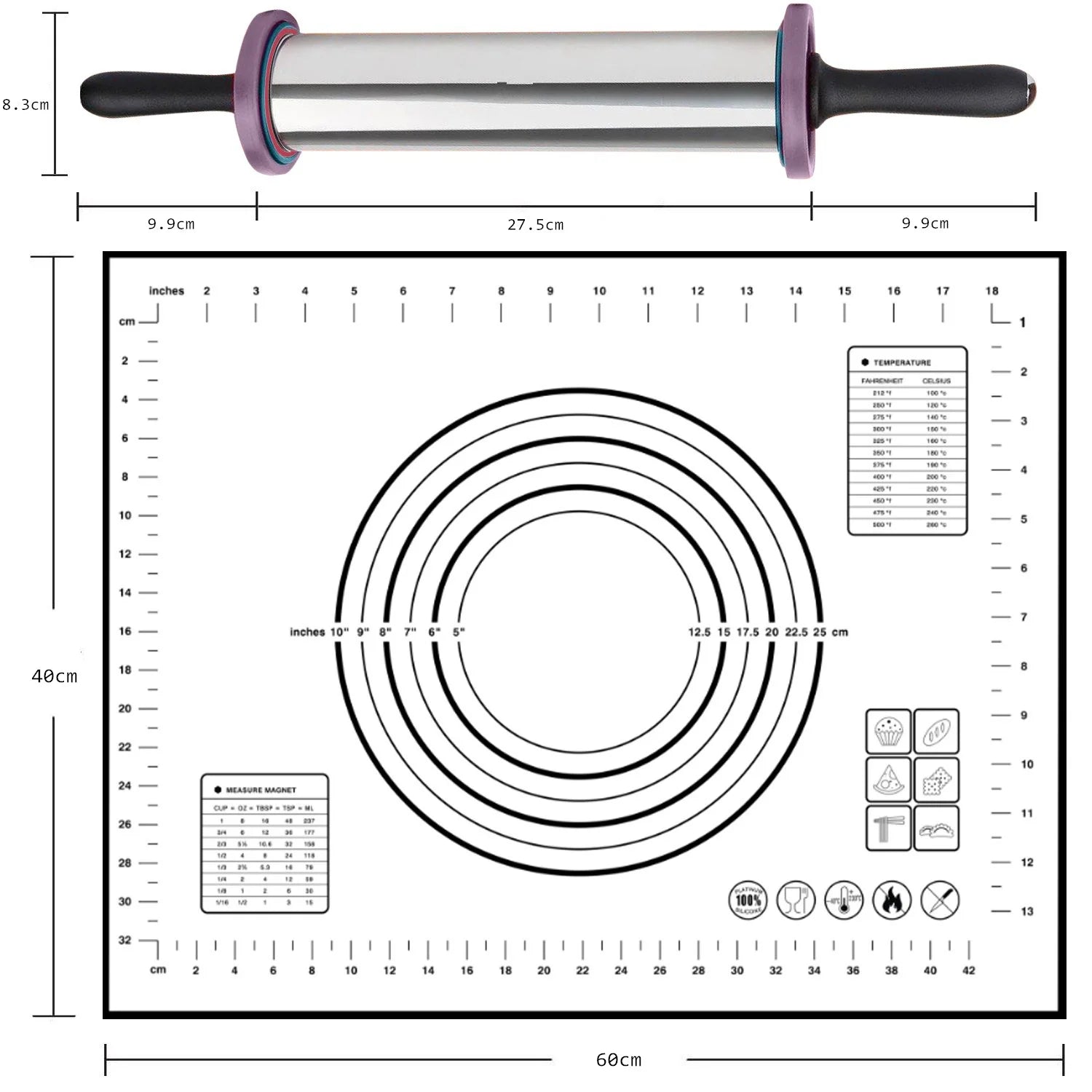 Stainless Steel Rolling Pin with Silicone Baking Mat