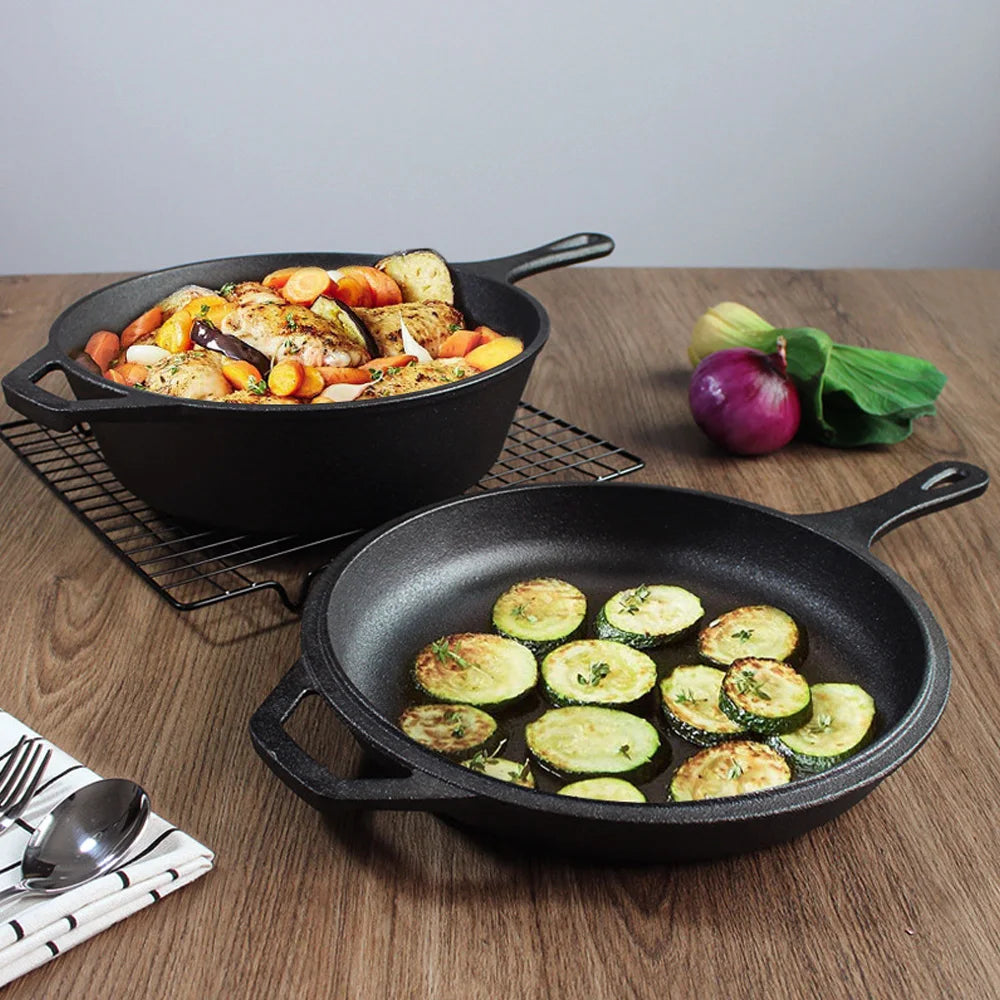 2-in-1 Pre-Seasoned Cast Iron Dutch Oven Set – 10" Deep Pot (3QT Capacity) with Dual-Function Skillet Lid for Baking, Frying, Stovetop, Oven, Grill & Induction Cooking