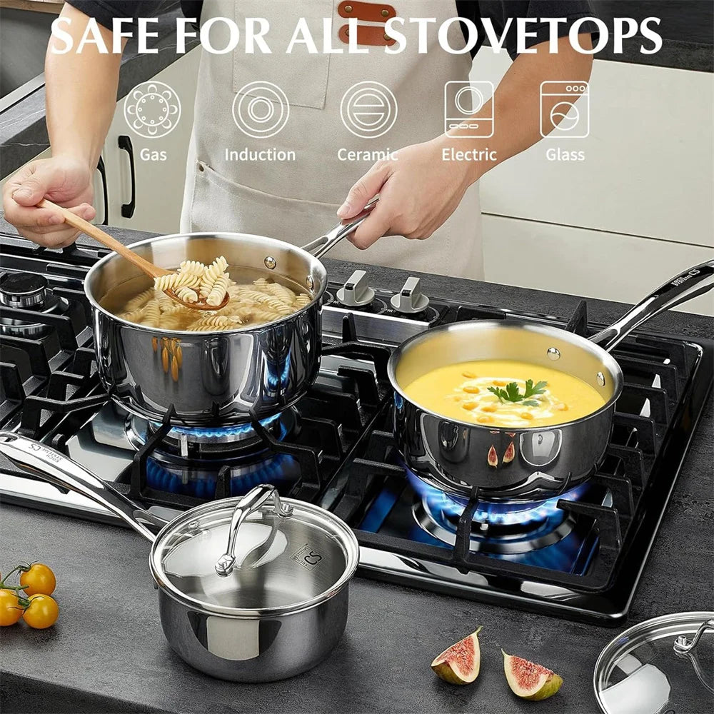 6 Piece Tri-Ply Stainless Steel Saucepan Set with Glass Lids – 14cm, 18cm & 20cm Milk Pan & Saucepans – Great for Sauces, Soups & Induction Hobs