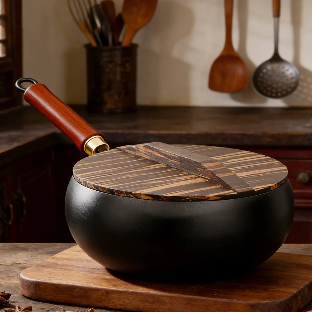 Carbon Steel Wok with Wooden Lid & Beech Wood Handle – Deep Stir-Fry Pan & Soup Pot – Perfect for Stir-Frying, Soups & Everyday Cooking (28cm)