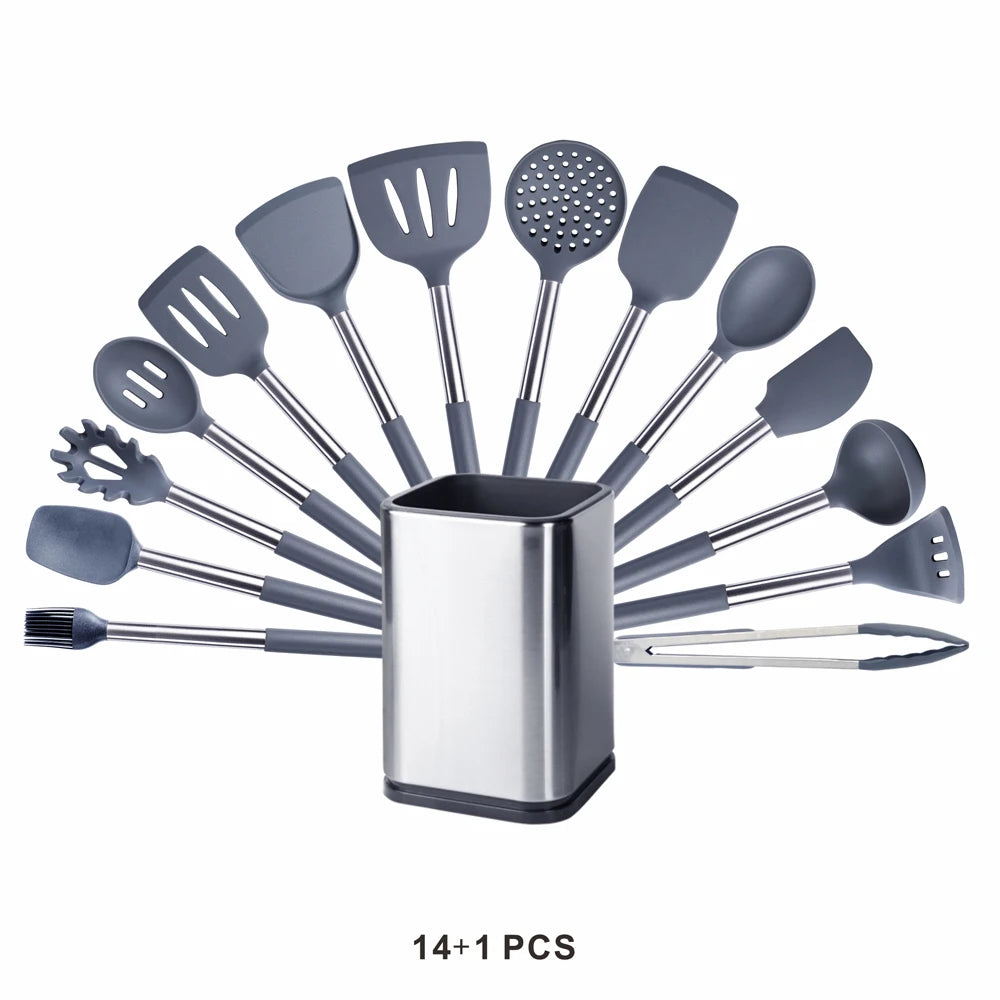 Silicone Kitchen Utensils Set with Stainless Steel Handles – Non-Stick Safe, Heat Resistant | Grey & Black | Available in 5 to 15-Piece Sets