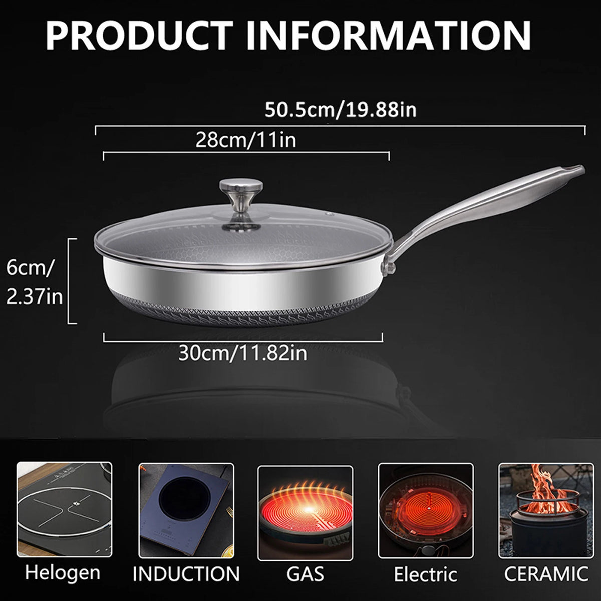 Honeycomb 316 Stainless Steel Non-Stick Frying Pan with Lid – Multi-Layer Clad Induction Skillet – Best for Eggs, Fish & Searing (30cm)
