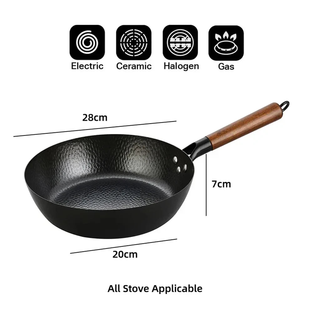 Iron Wok Pan with Wooden Handle – Uncoated Stir-Fry & Frying Pan for Gas & Induction – Great for Steaks, Pancakes & Stir-Fries (28cm)